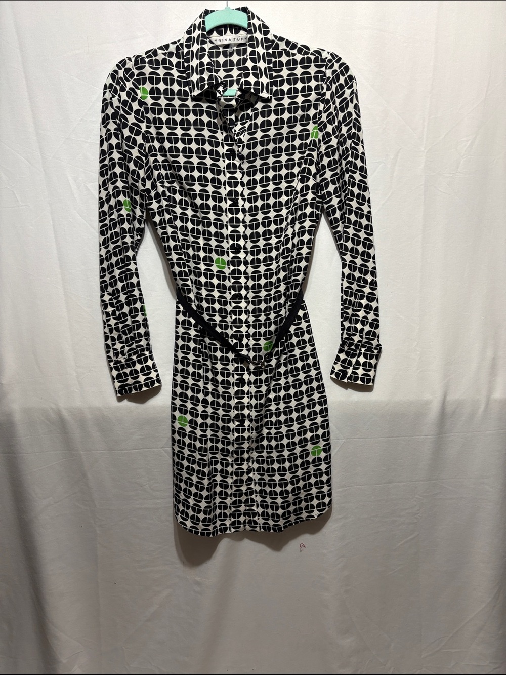 Trina Turk Black & White Geometric Long-Sleeve Shirt Dress with Green Dots